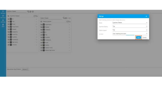 Select the matching columns and pick Join Kind